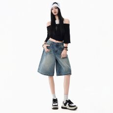 批发2026春夏新款短裤美式宽松阔腿五分牛仔裤女<b class='q'>高腰</b>显瘦复古中裤