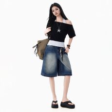 批发2026春夏新款短裤美式宽松阔腿五分牛仔裤女<b class='q'>高腰</b>显瘦复古中裤