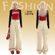 批发2026年工装牛仔裤女春秋装<b class='q'>高腰</b>宽松直筒翻边美式阔腿休闲拖地长裤