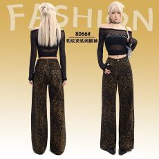 批发2026美式烫钻复古辣妹豹纹宽松<b class='q'>阔腿裤</b>小众直筒牛仔裤女