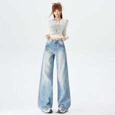 批发26春夏美式复古<b class='q'>高腰</b>宽松<b class='q'>阔腿裤</b>垂感百搭直筒牛仔裤女&长裤加长