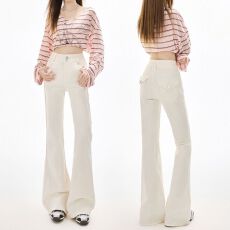 批发米白色双扣高腰显瘦<b class='q'>提</b><b class='q'>臀</b>百搭微喇牛仔<b class='q'>裤</b>