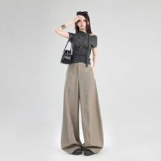 批发卡其慵懒感宽松西装休闲裤<b class='q'>女</b>2026春夏新款高腰垂感显瘦拖地裤