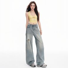 批发阔腿牛仔裤女宽松破洞高腰显瘦直筒裤拖地裤子