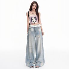 批发春夏复古做旧水洗牛仔裤女宽松高腰显瘦直筒裤长裤拖地裤子