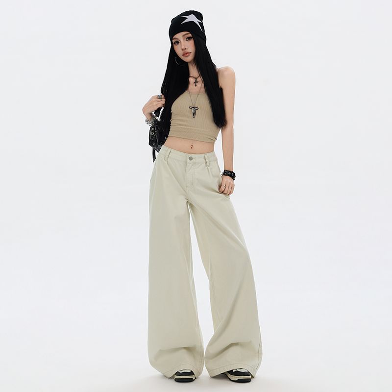 2026 봄 여름 새로운 캐주얼 워시 퇴색 한 청바지 여성 아메리칸 로우 웨이스트 명중 Pleat 넓은 다리 루즈핏 슬림해 보이는 캐주얼 바지