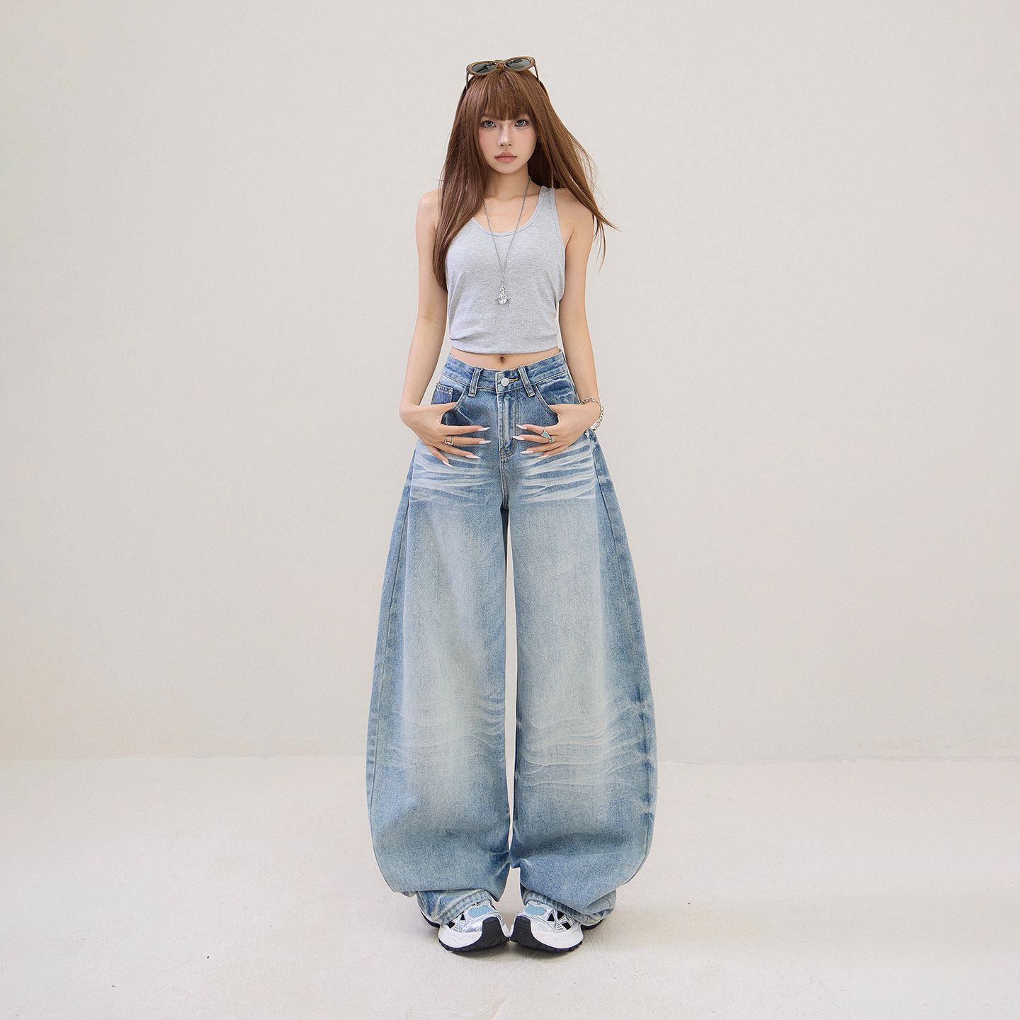 2 색 아메리칸 레트로 하이웨이스트 루즈핏 와이드 레그 팬츠 고양이 발톱 곡물 모통이 칼 바지 다용도 봄 여름 청바지 여성 새로운
