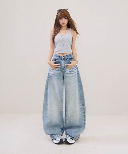 2 색 아메리칸 레트로 하이웨이스트 루즈핏 와이드 레그 팬츠 고양이 발톱 곡물 모통이 칼 바지 다용도 봄 여름 청바지 여성 새로운