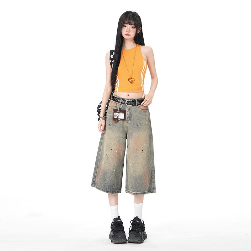 아메리칸 더러운 염색 워싱 마 오래된 먹물 데님 7부 바지 여름 루즈핏 와이드 레그 팬츠 캐주얼 바지