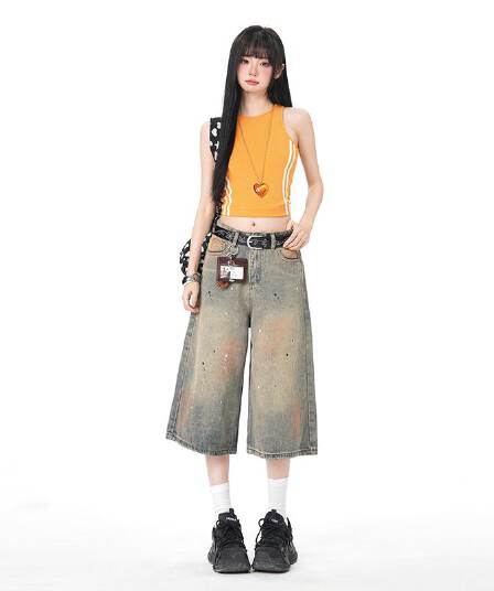 아메리칸 더러운 염색 워싱 마 오래된 먹물 데님 7부 바지 여름 루즈핏 와이드 레그 팬츠 캐주얼 바지