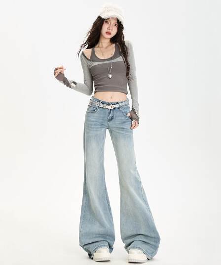 2026 새로운 하늘색 아메리칸 레트로 로우 웨이스트 핫걸 나팔 바지 다용도 슬림해 보이는 도루 센스 바닥 청소 청바지 여성