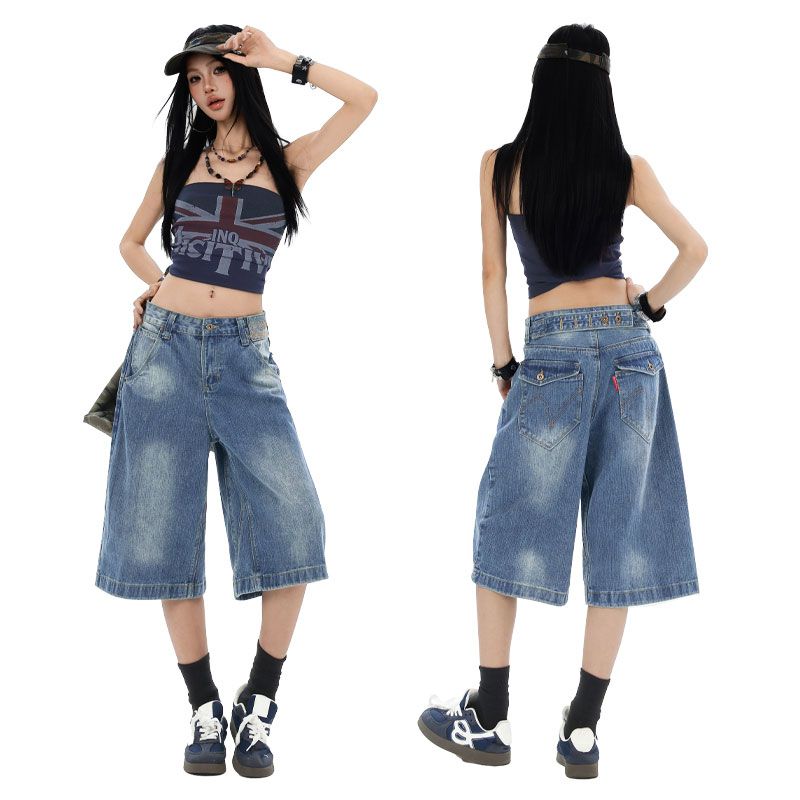 더블 색상 아메리칸 파리 버클 해체 7부 바지 폭발 대나무 마디 곡물 워싱 디자인 트렌드 다용도 바지