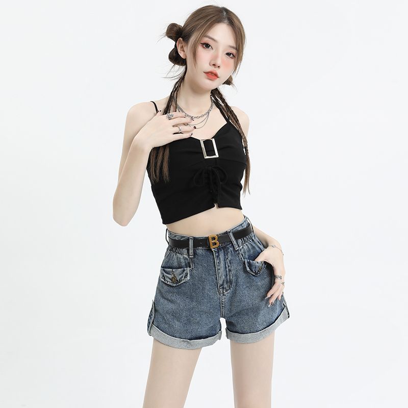 파란색 데님 반바지 여성 하이웨이스트 2026 년 여름 새로운 슬림해 보이는 레트로 다용도 볼륨 측면 포함 벨트 가격 오두막 슛