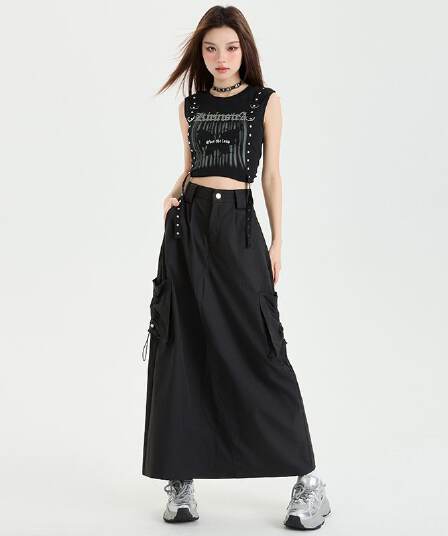 봄 가을 새로운 아메리칸 캐주얼 워크웨어 치마 하이웨이스트 A라인 스커트 단색 롱 스커트 디자인 센스 반신 스커트 아이들
