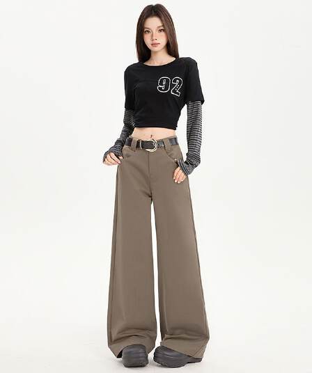 봄 단색 캐주얼 바지 여성 하이웨이스트 브라운 아메리칸 높음 거리 스트레이트 루즈핏 넓은 다리 바닥 청소 바지 아이들