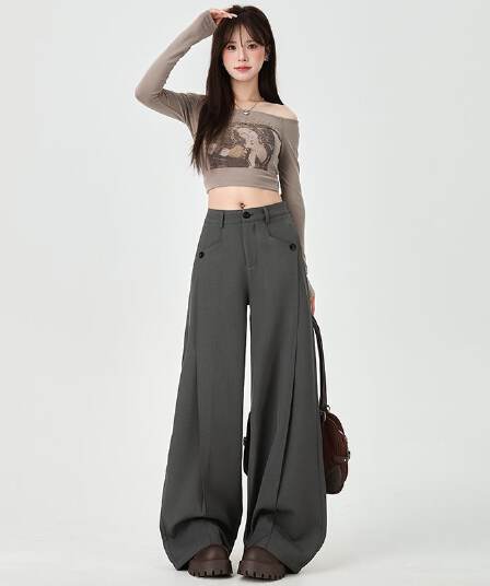 봄 새로운 모통이 칼 캐주얼 바지 여성 슬림해 보이는 넓은 다리 바나나 바지 루즈핏 검정색 도루 센스 정장 바지