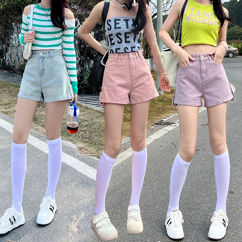 핑크색 볼륨 측면 데님 반바지 여성 여름 새로운 트렌드 캐주얼 연령 감소 핫 바지 하이웨이스트 슬림해 보이는 넓은 다리가 짧다. 바지