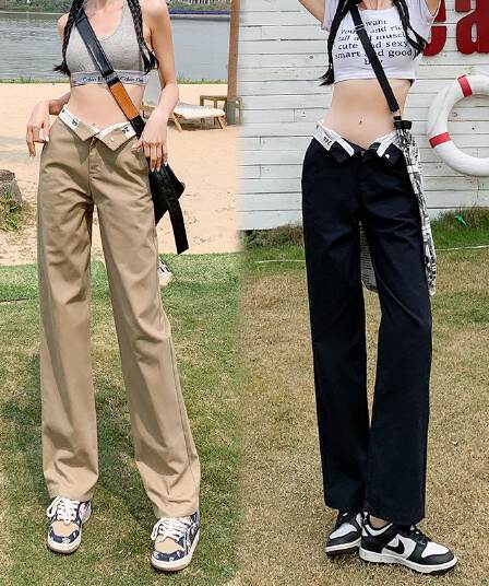 2026& 높음 거리 핫걸 알파벳 뒤집다 허리 도루 센스 캐주얼 스트레이트 워크웨어 팬츠 여성 긴 바지 길이 연장