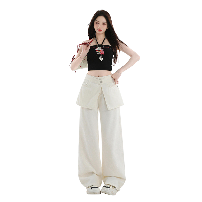 고급 센스 하이웨이스트 화이트 와이드 레깅스 바지 레트로 봄 하나 바지 둘 착용 탈착식 방귀 커튼 캐주얼 바지