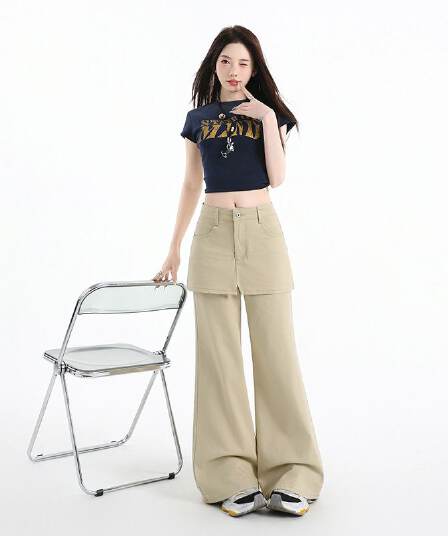한국 스타일 루즈핏 느긋한 바람 페이크 레이어드 랩스커트팬츠 와이드 레그 팬츠 여성 봄 여름 하이웨이스트 슬림해 보이는 다용도 캐주얼 롱 바지