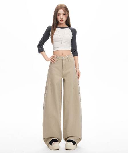 아메리칸 카키 색 넓은 다리 모통이 칼 바지 여성 봄 새로운 루즈핏 슬림해 보이는 바닥 청소 바지