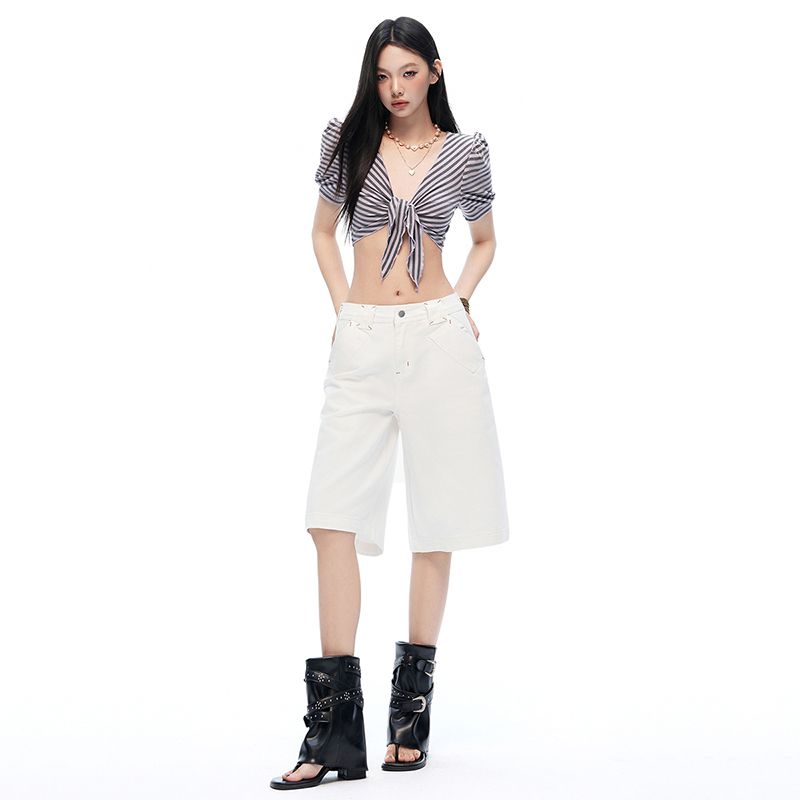 편안함 아메리칸 여름 부드러운 얇은 자수 세부 사항 데님 바지 캐주얼 무릎 아래 바지 아이들 여름