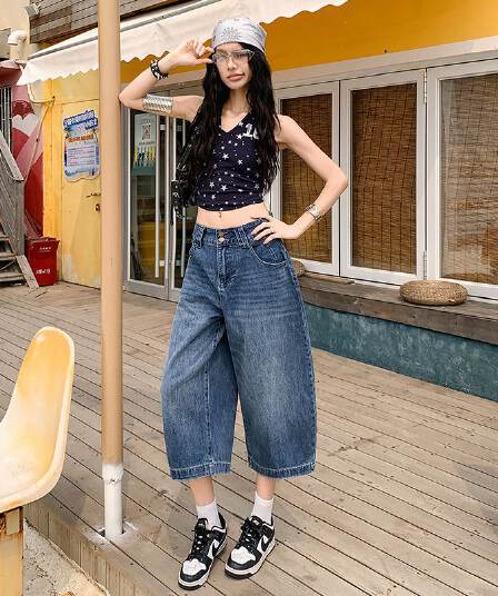 여름 넓은 다리 8 점 바지 슬림해 보이는 다용도 이중 버튼 7 점 데님 바지 새로운 루즈핏 반바지 여성 뜨거운