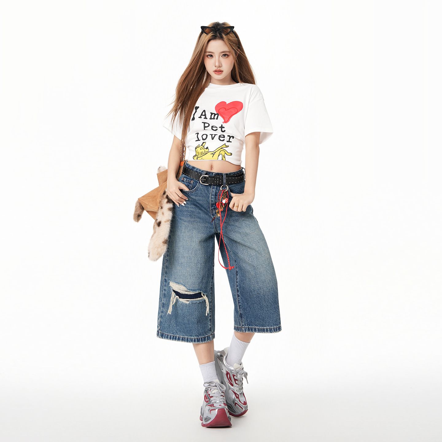레트로 스타일 세련된 무릎 가짜 찢어진 부분 7부 바지 봄 여름 새로운 하이웨이스트 슬림해 보이는 다용도 캐주얼 바지