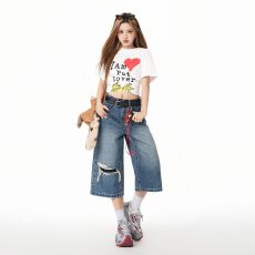 批发复古风时髦膝盖假破洞七分裤<b class='q'>春</b>夏新款高腰显瘦百搭休闲裤