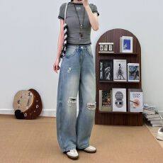批发晴川蓝破洞阔腿2026<b class='q'>春</b>夏季新款直筒牛仔裤女宽松显瘦阔腿