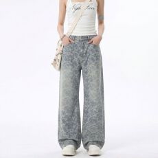 批发满天星直筒牛仔裤女款美式高街vibe复古裤子<b class='q'>春</b>夏高腰显瘦微喇长裤