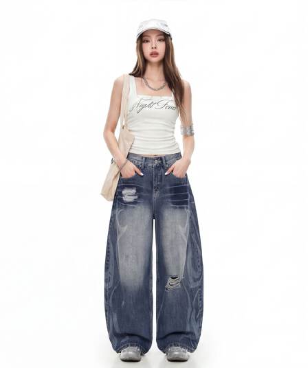 레트로 블루 높음 거리 루즈핏 넓은 다리 청바지 여성 아메리칸 찢어진 부분 디자인 센스 프린트 도루 센스 모통이 칼 바닥 청소 바지