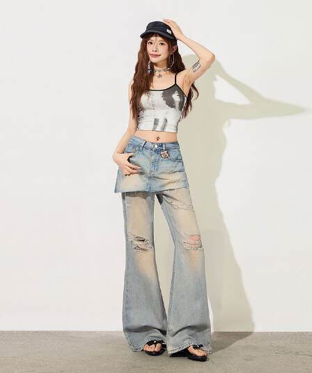 거친 가장자리 랩스커트팬츠 찢어진 청바지 여성 여름 새로운 하이웨이스트 몸매 가꾸기 슬림해 보이는 다용도 캐주얼 바닥 청소 부츠컷 바지 트렌디
