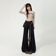 批发<b class='q'>韩版</b>设计感复古阔腿宽松<b class='q'>牛仔裤</b><b class='q'>女</b>2025秋季新品拖地裤假两件喇叭<b class='q'>裤</b>