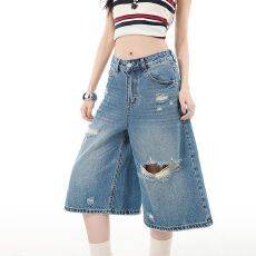 批发美式水洗破洞七分阔腿裤<b class='q'>女</b>夏季薄款中裤宽松设计感小个子牛仔短裤