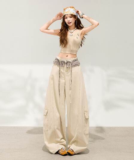 체크무늬 레이스 패치워크 모통이 칼 워크웨어 팬츠 여성 여름 2026 새로운 레트로 느긋한 바람 루즈핏 넓은 다리 캐주얼 바지