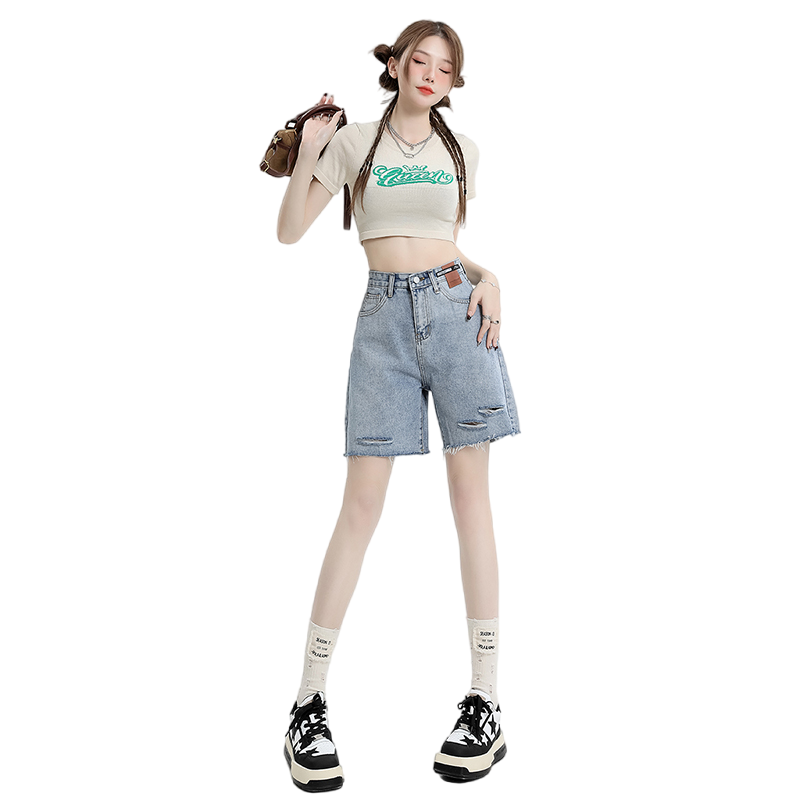 슬림해 보이는 데님 바지 여성 여름 새로운 찢어진 부분 오부 바지 루즈핏 스트레이트 짧은 바지