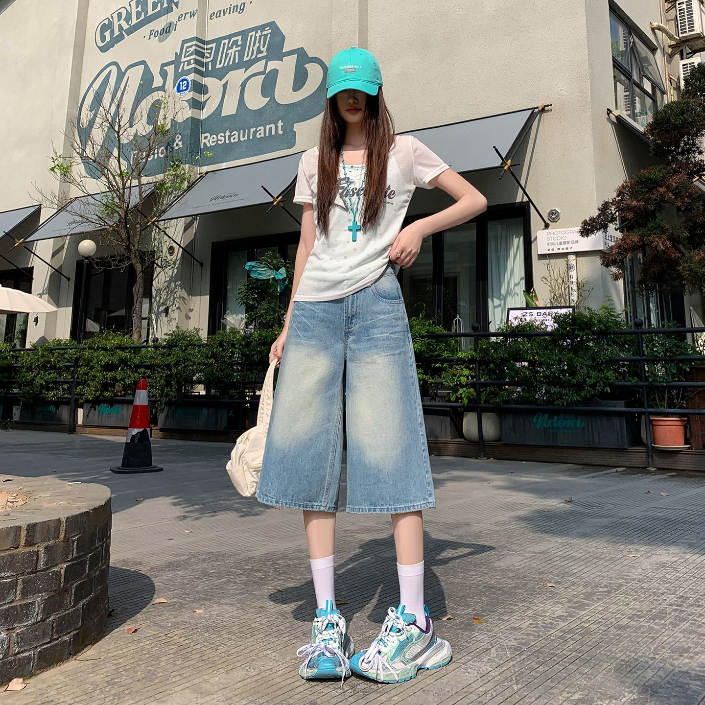 아메리칸 레트로 무거운 작업 워싱 하늘색 스트레이트 7부 바지 여성 2026 여름 데님 루즈핏 넓은 다리 바지