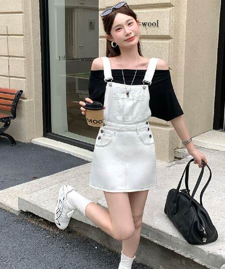 화이트 멜빵 데님 미니 스커트 여성 귀여운 연령 감소 루즈핏 소금 부서