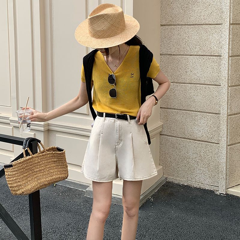 데님 반바지 여성 검정색 수신 Pleat 한 마디 반바지 선물 벨트