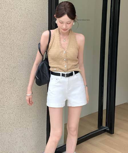 반바지 여성 데님 한 마디 베이지 색 등 허리 가죽 카드 선물 벨트