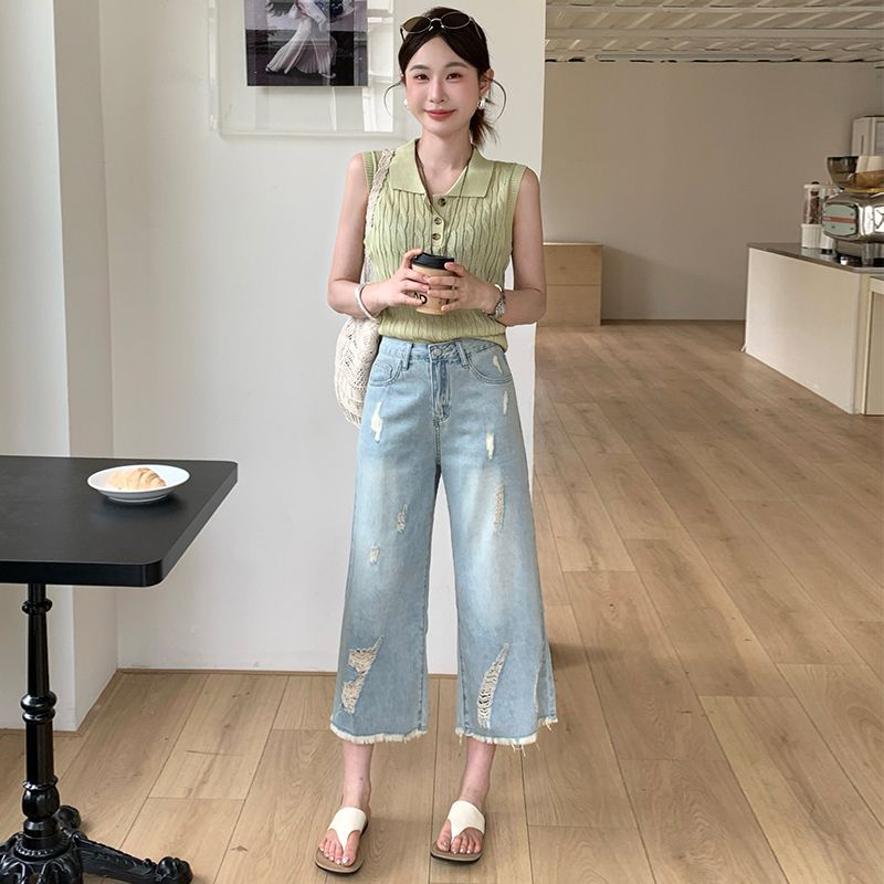 데님 와이드 레깅스 바지 노스탤지어 블루 다용도 7부 바지 하이웨이스트 찢어진 부분