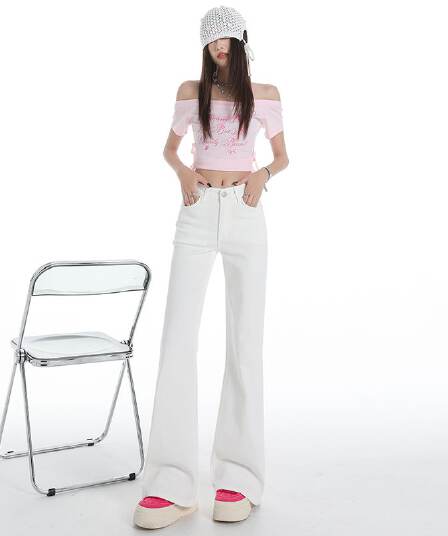 데님 플레어 바지 하이웨이스트 밀크 티 색상 등 허리 가죽 카드 긴 바지