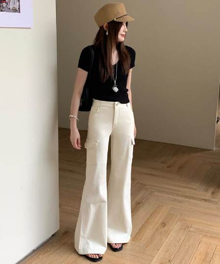 데님 플레어 바지 베이지 색 워크웨어 주머니 바닥 청소 바지