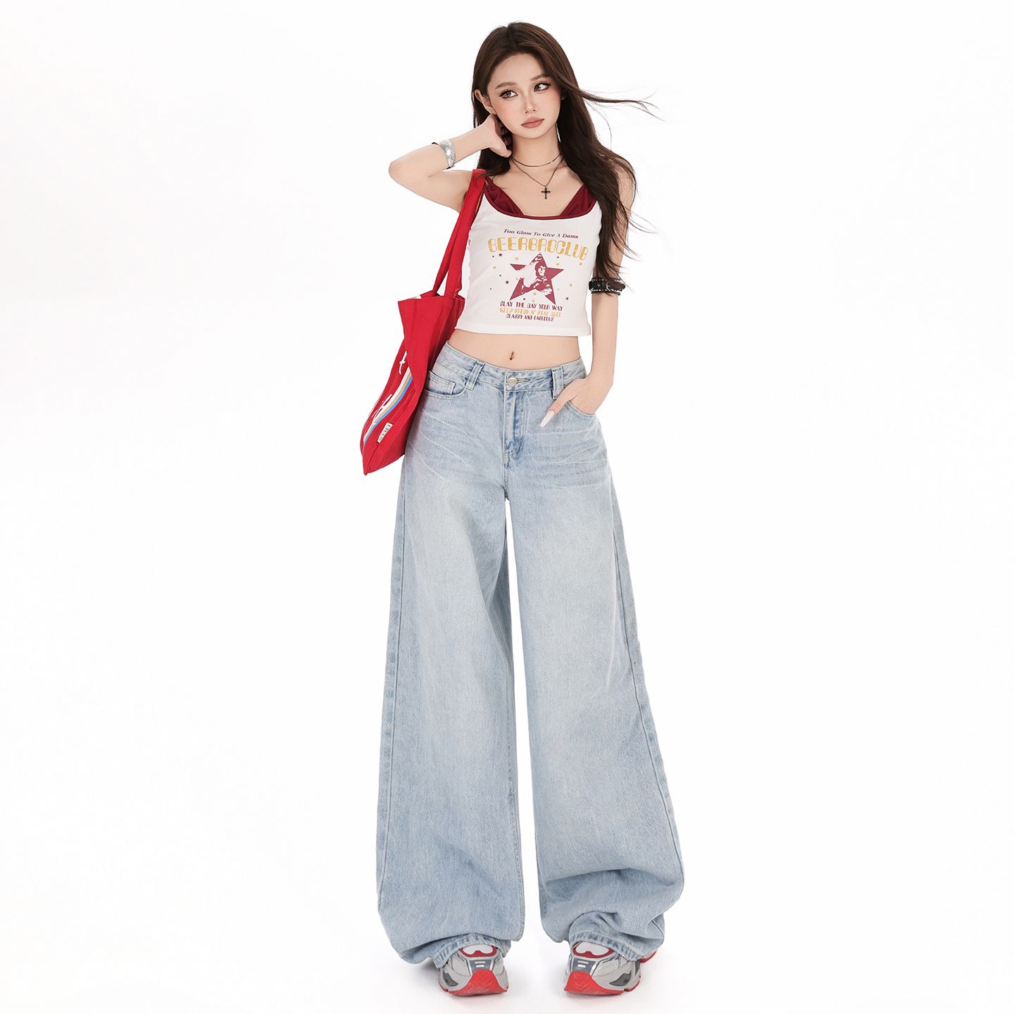 하늘색 하이웨이스트 넓은 다리 청바지 여성 아메리칸 레트로 루즈핏 슬림해 보이는 도루 센스 스트레이트 바닥 청소 바지