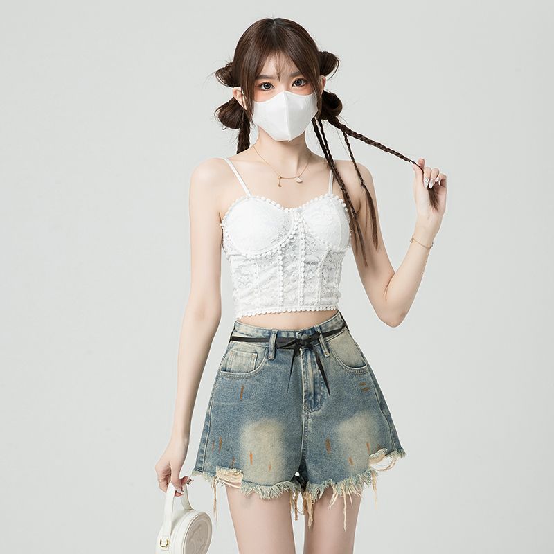 아메리칸 레트로 핫걸 워싱 마 오래된 데님 반바지 여성 핫 바지 루즈핏 넓은 다리가 짧다. 바지 여름 술 측면