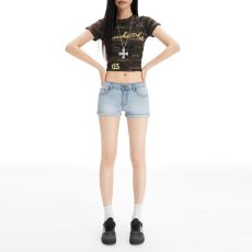 批发新款浅蓝色美式<b class='q'>卷</b><b class='q'>边</b><b class='q'>牛仔</b><b class='q'>短裤</b>女丰胯低腰弹力显瘦包臀热裤