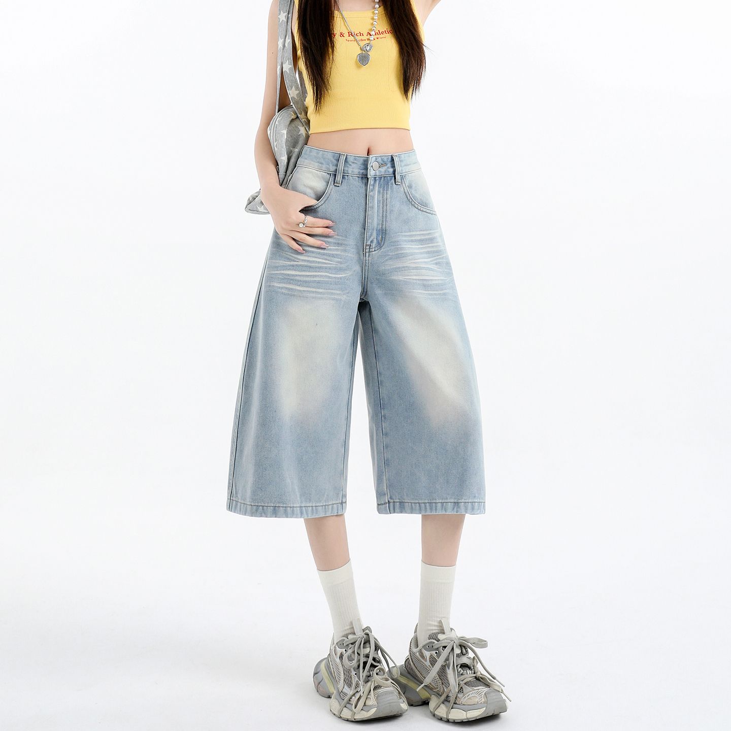 아메리칸 루즈핏 데님 7부 바지 여성 여름 개성 바지 루즈핏 넓은 다리 높음 거리 작은 키 스트레이트 바지 여성