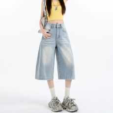 批发美式宽松牛仔七分裤<b class='q'>女</b>夏季个性裤脚宽松阔腿高街小个子直筒中裤<b class='q'>女</b>