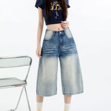 批发渐变色牛仔七分裤<b class='q'>女</b>夏季个性裤脚宽松阔腿高街小个子直筒中裤<b class='q'>女</b>